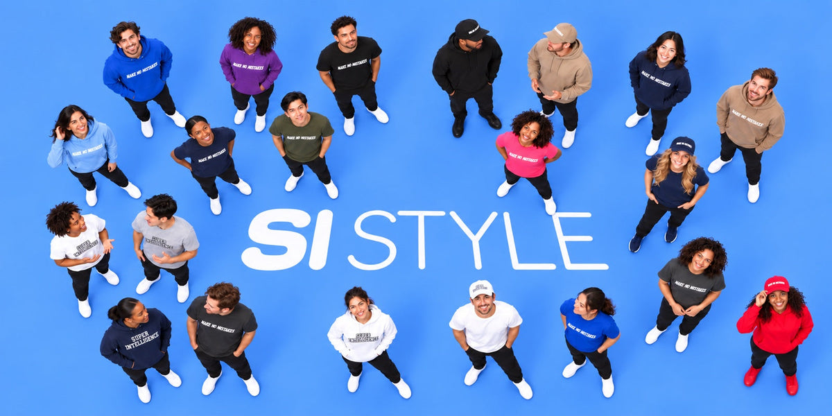 Aerial view of models wearing SI Style T-shirts, hoodies and caps around the white SI STYLE logo printed on blue ground.