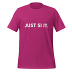 Front view of the berry JUST SI IT. t-shirt with bold white chest lettering, a crew neckline and short sleeves.