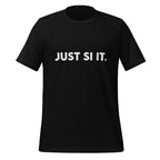 Front view of the black JUST SI IT. t-shirt with bold white chest lettering, a crew neckline and short sleeves.