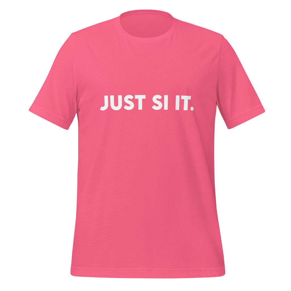 Front view of the charity pink JUST SI IT. t-shirt with bold white chest lettering, a crew neckline and short sleeves.