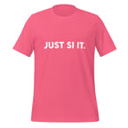 Front view of the charity pink JUST SI IT. t-shirt with bold white chest lettering, a crew neckline and short sleeves.