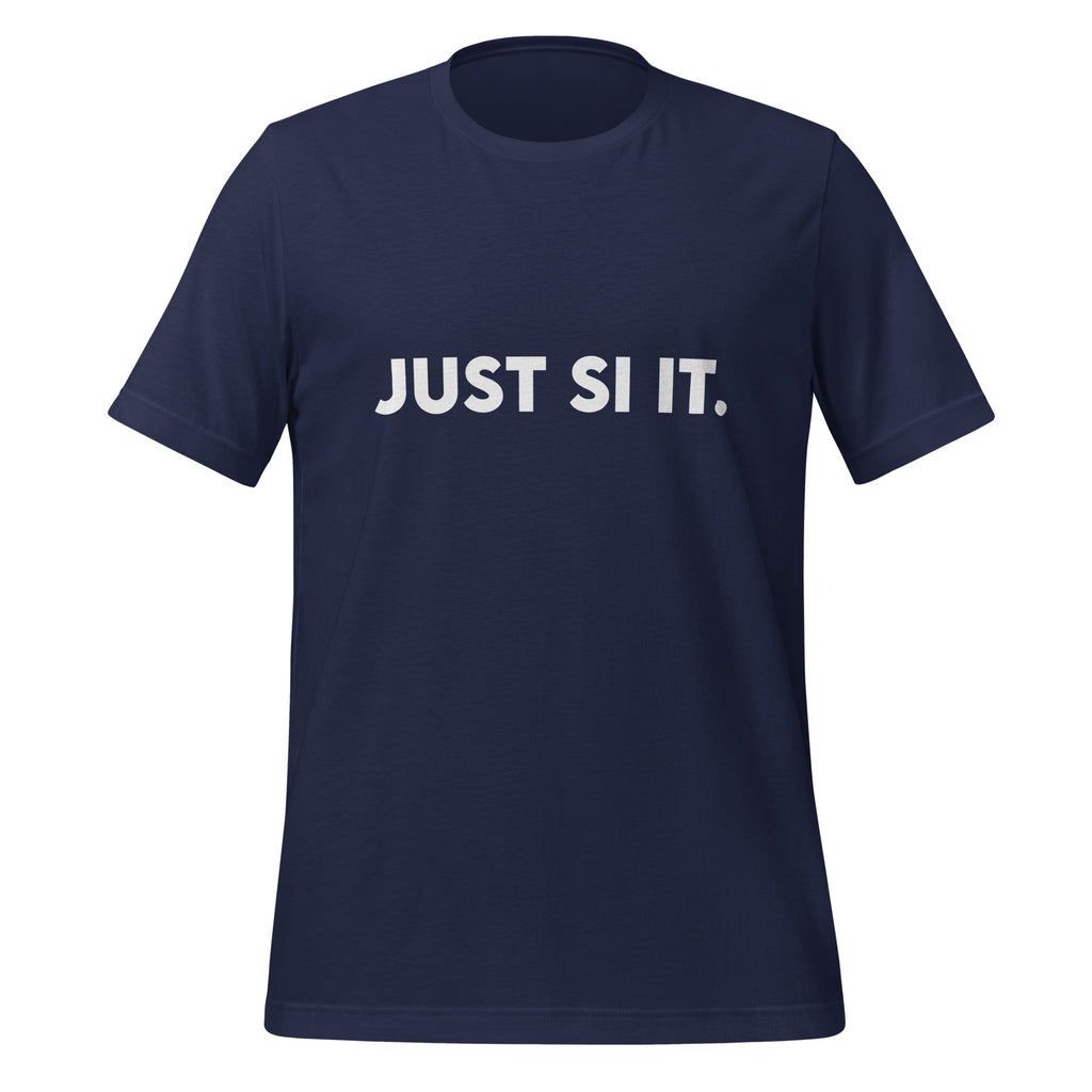 Front view of the navy JUST SI IT. t-shirt with bold white chest lettering, a crew neckline and short sleeves.