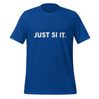 Front view of the true royal JUST SI IT. t-shirt with bold white chest lettering, a crew neckline and short sleeves.