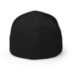 Back view of the black MAKE NO MISTAKES. cap, showing the closed-back six-panel construction and embroidered eyelets.