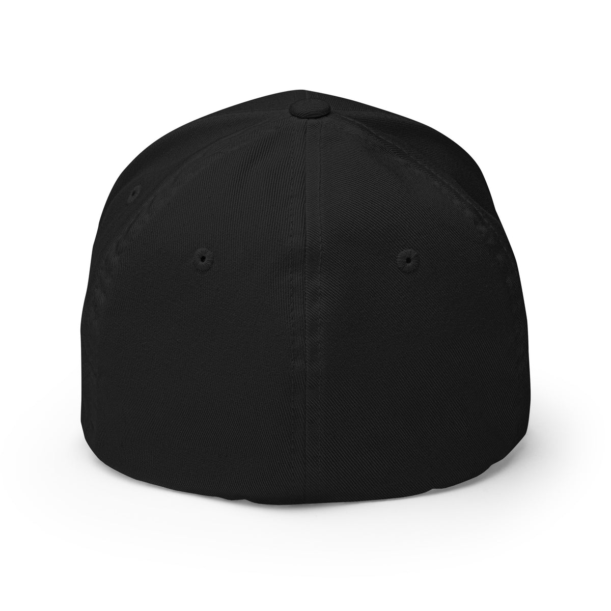 Back view of the black MAKE NO MISTAKES. cap, showing the closed-back six-panel construction and embroidered eyelets.