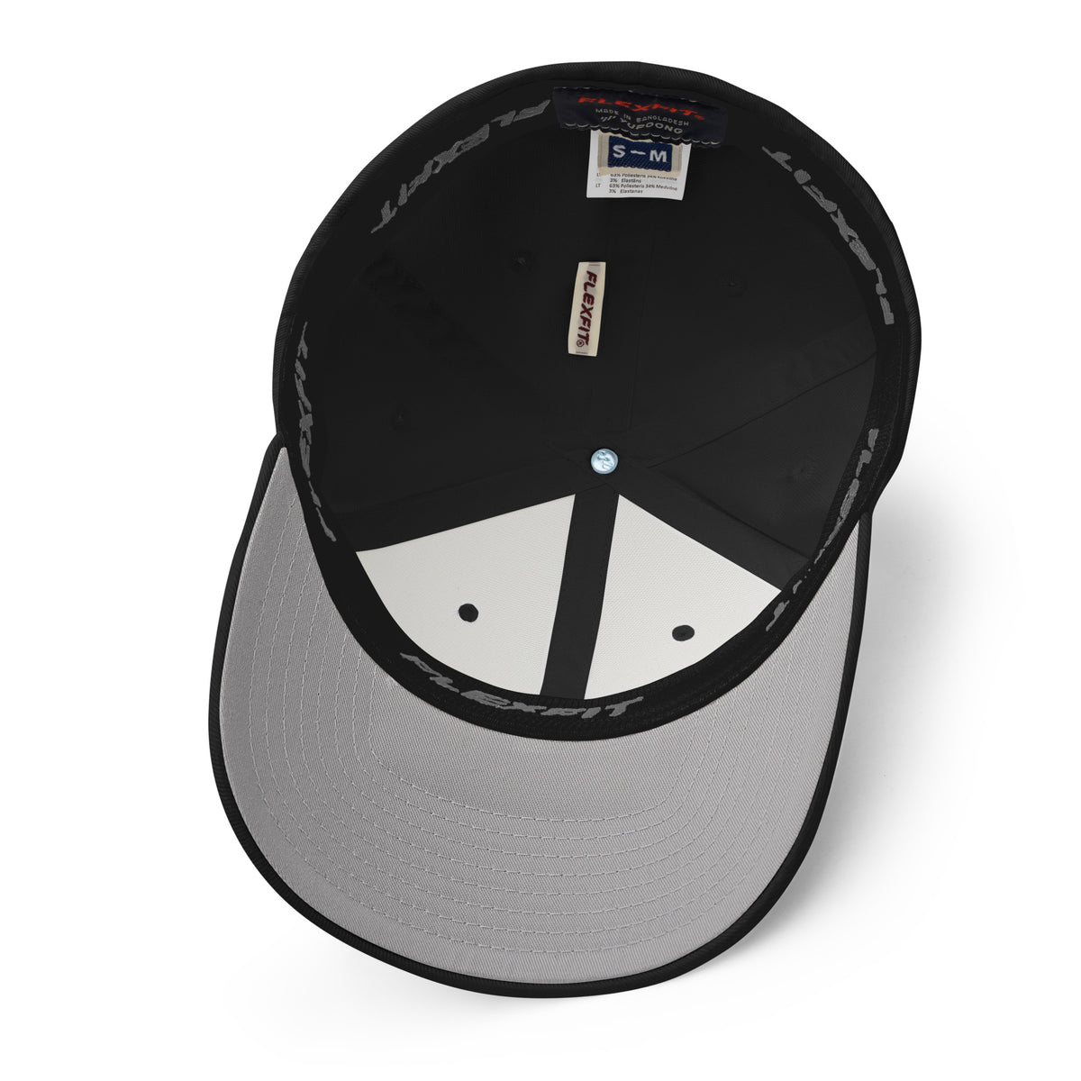 Interior view of the black MAKE NO MISTAKES. cap, showing the stretch band, panel seams and silver underside of the curved visor.