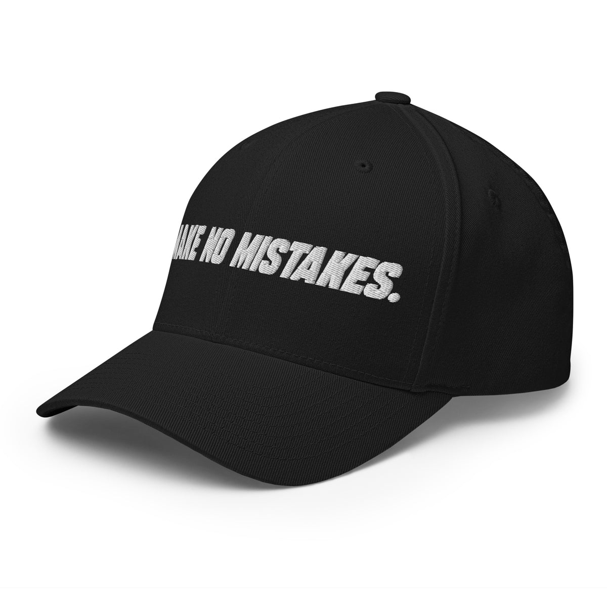 Left-front angled view of the black MAKE NO MISTAKES. cap with white embroidered lettering and a curved visor.