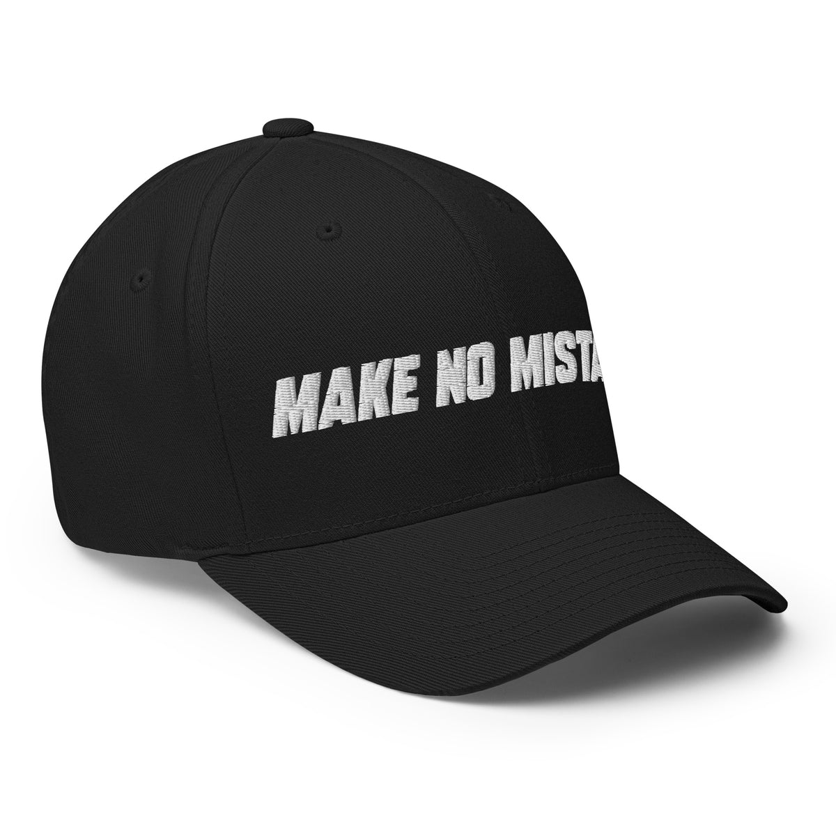 Right-front angled view of the black MAKE NO MISTAKES. cap with white embroidered lettering and a curved visor.