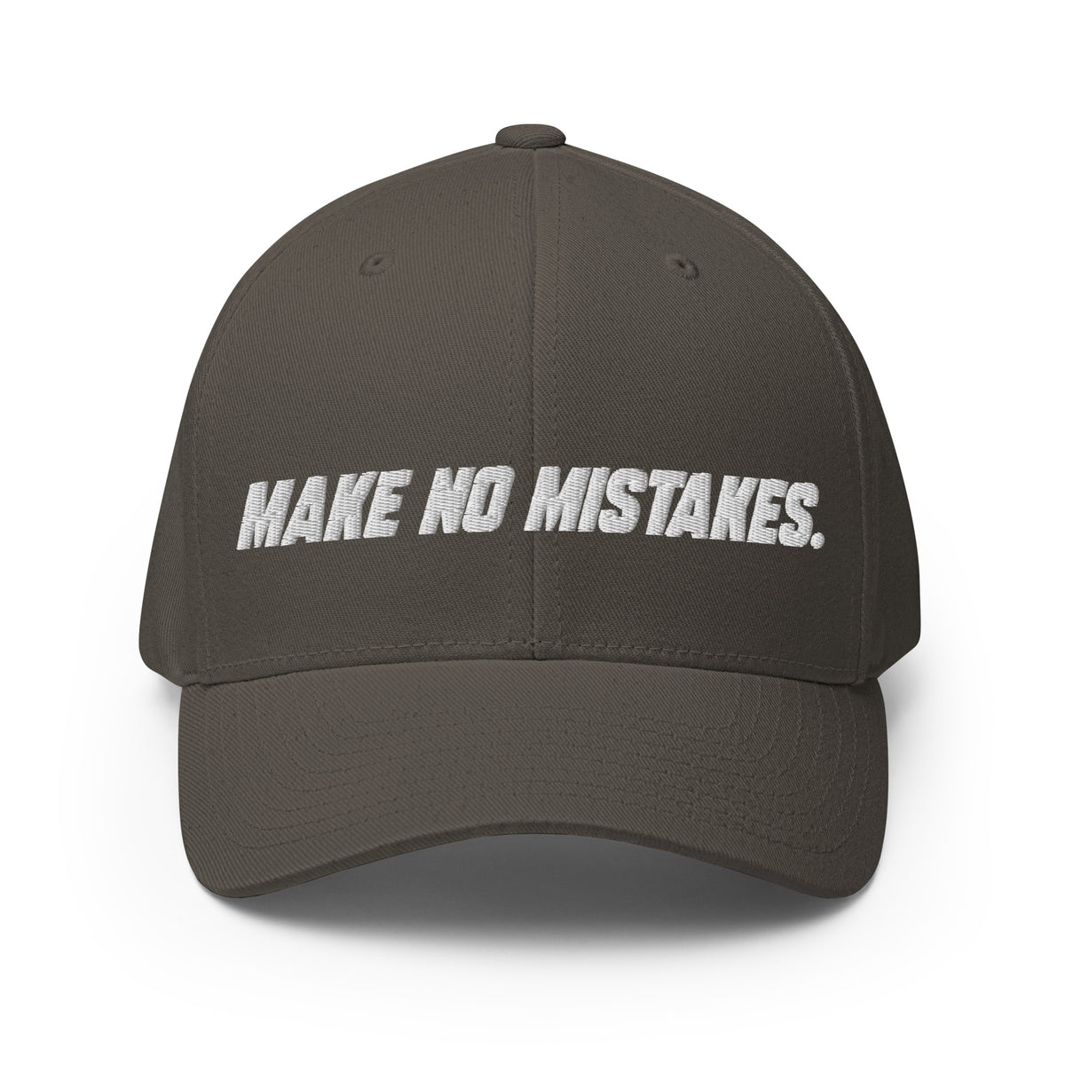 Front view of the dark grey MAKE NO MISTAKES. cap with white embroidered lettering and a curved visor.
