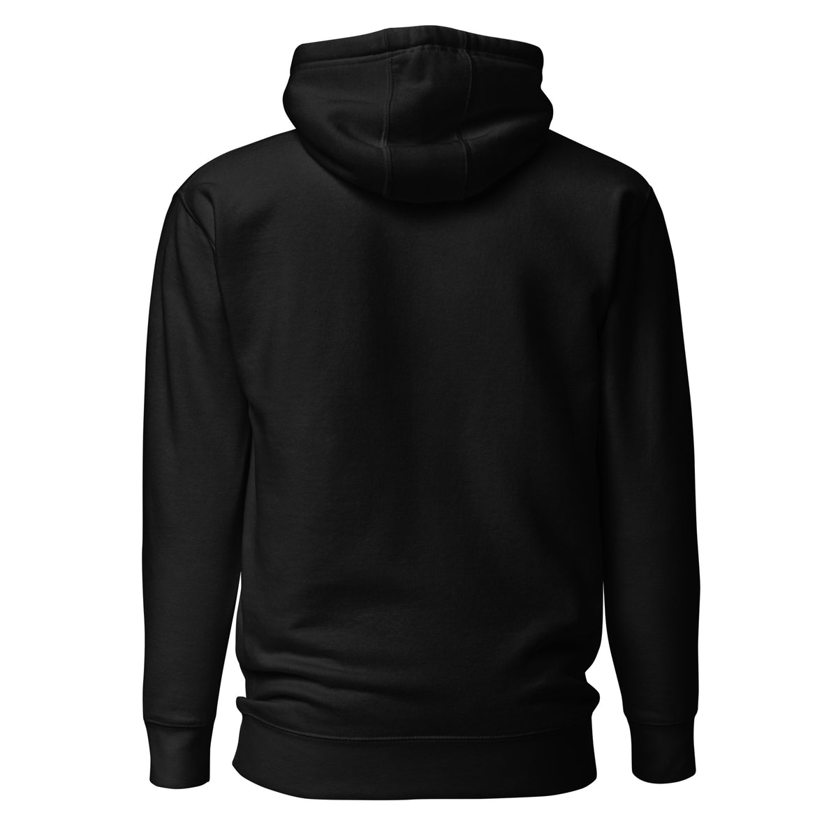 Back view of the black MAKE NO MISTAKES. pullover hoodie, showing the plain back, hood and ribbed cuffs and hem.