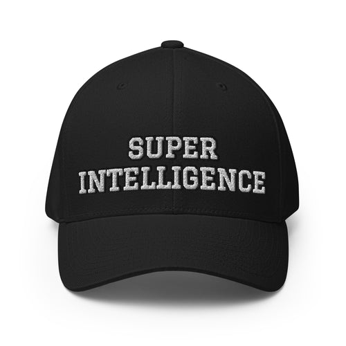 Front view of the black Super Intelligence cap with two-line lettering, a structured crown and curved visor.