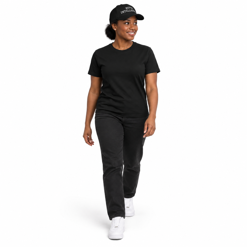 Full-body model wearing the black Super Intelligence cap with a matching black T-shirt, black trousers and white trainers on a plain white background.