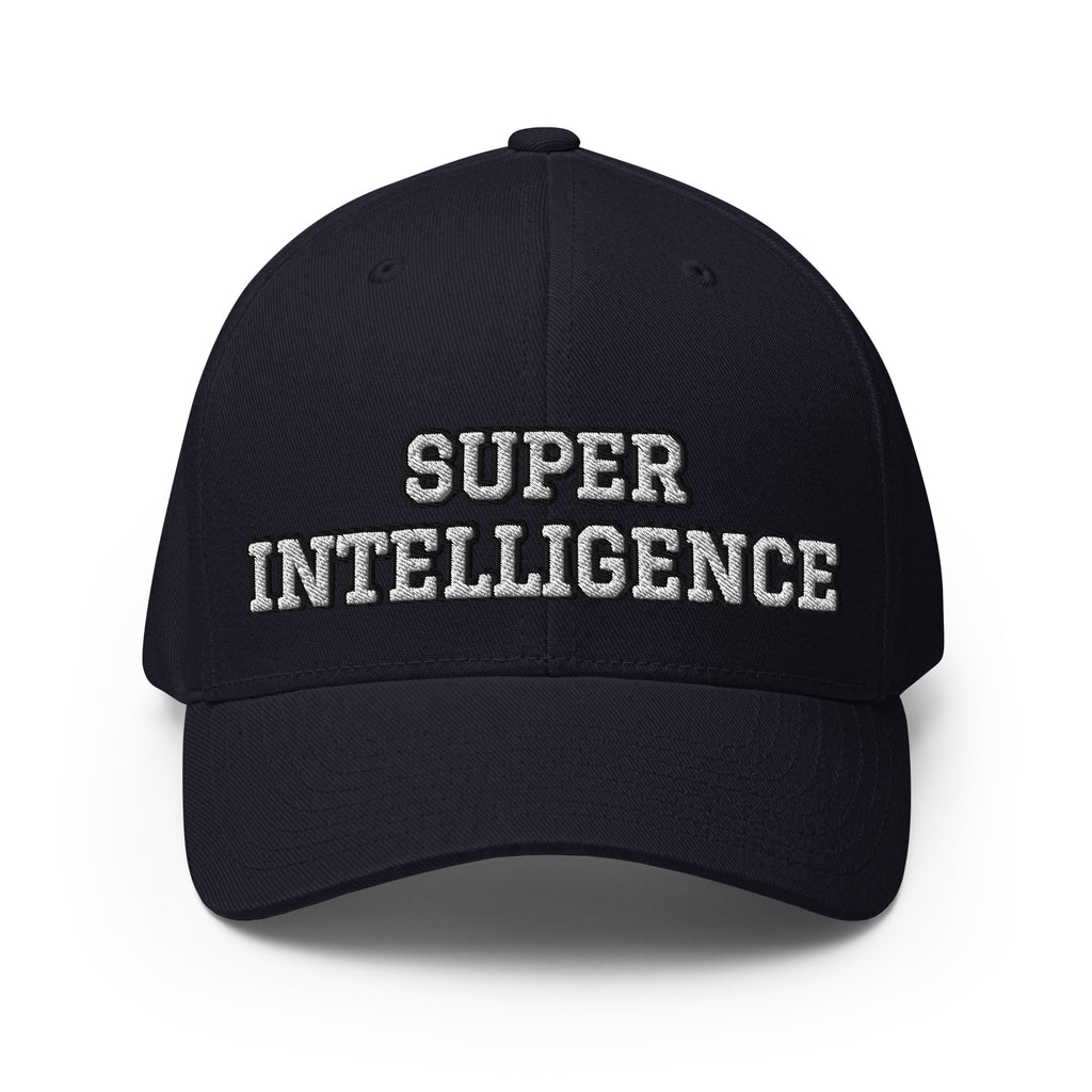 Front view of the dark navy Super Intelligence cap with two-line lettering, a structured crown and curved visor.