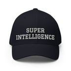 Front view of the dark navy Super Intelligence cap with two-line lettering, a structured crown and curved visor.