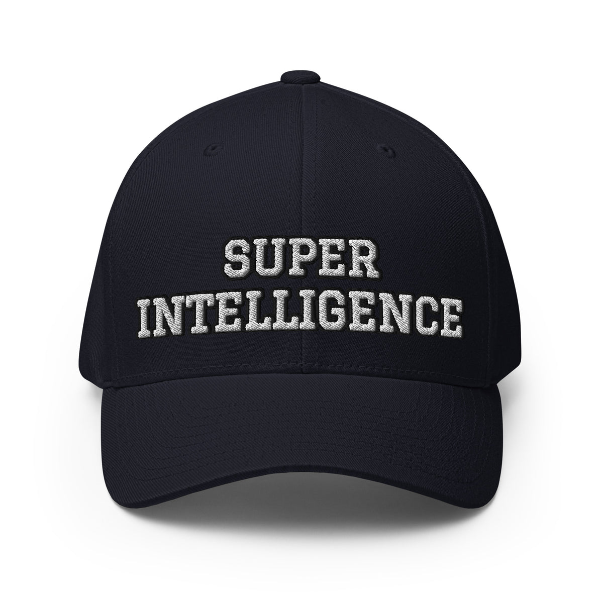 Front view of the dark navy Super Intelligence cap with two-line lettering, a structured crown and curved visor.