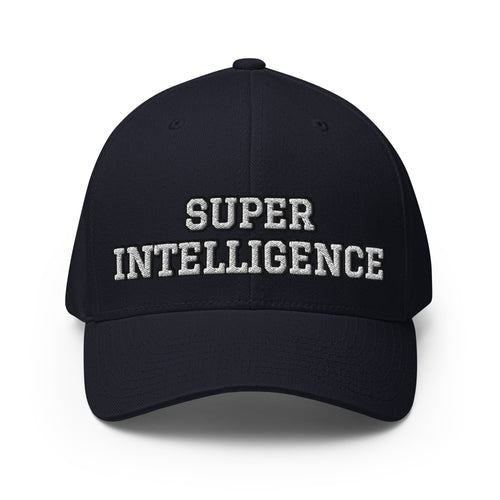 Front view of the dark navy Super Intelligence cap with two-line lettering, a structured crown and curved visor.