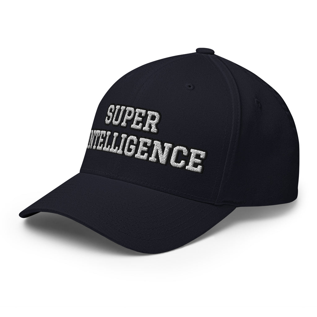 Left front angle of the dark navy Super Intelligence cap, showing the front lettering, curved visor and side panels.