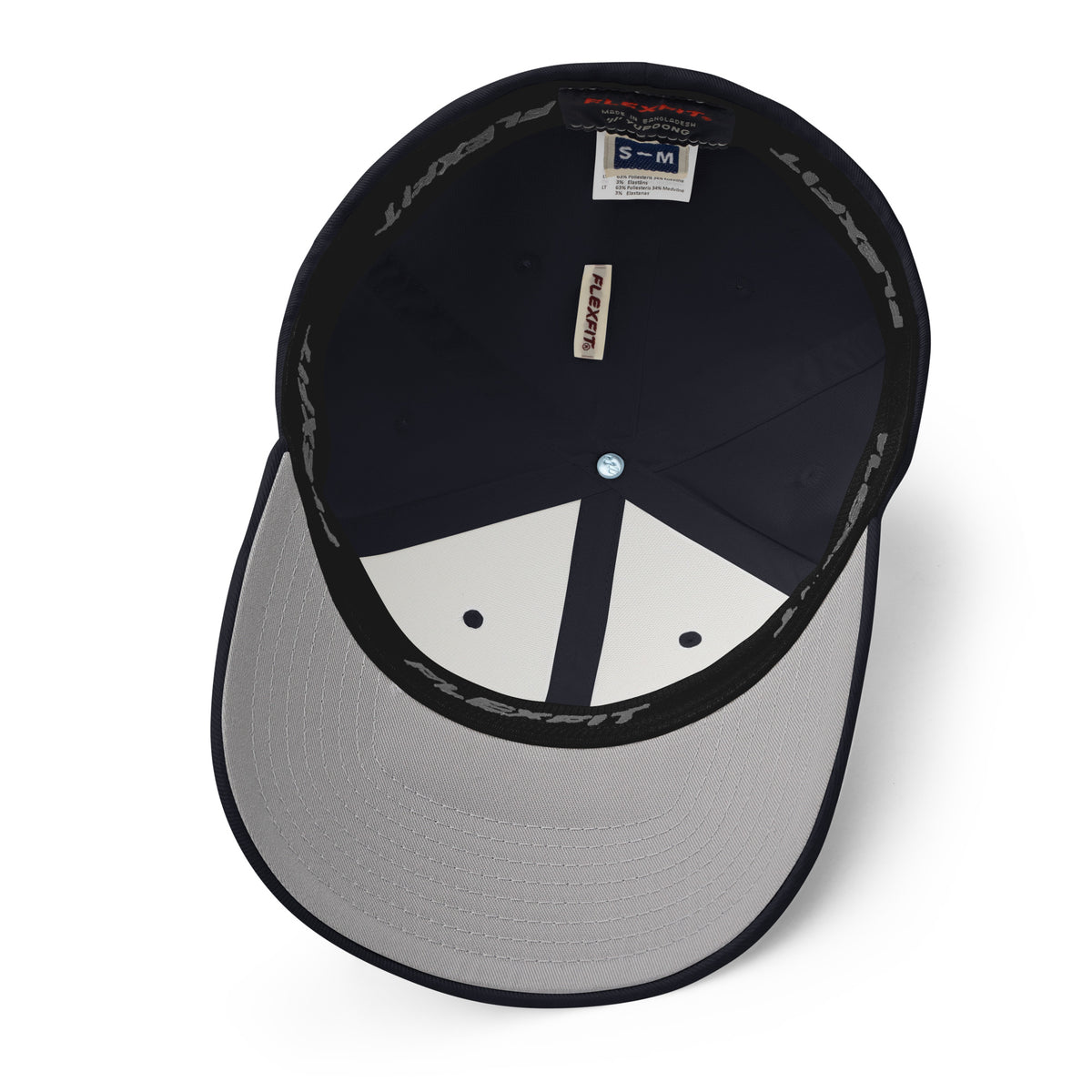 Interior view of the dark navy Super Intelligence cap, showing the stretch band, panel construction and silver underside of the visor.
