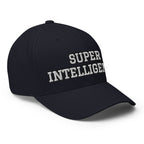 Right front angle of the dark navy Super Intelligence cap, showing the front lettering, curved visor and side panels.