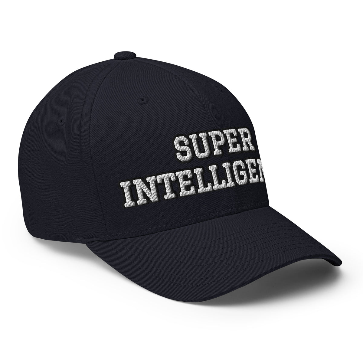 Right front angle of the dark navy Super Intelligence cap, showing the front lettering, curved visor and side panels.