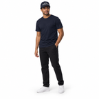 Full-body model wearing the dark navy Super Intelligence cap with a matching dark navy T-shirt, black trousers and white trainers on a plain white background.
