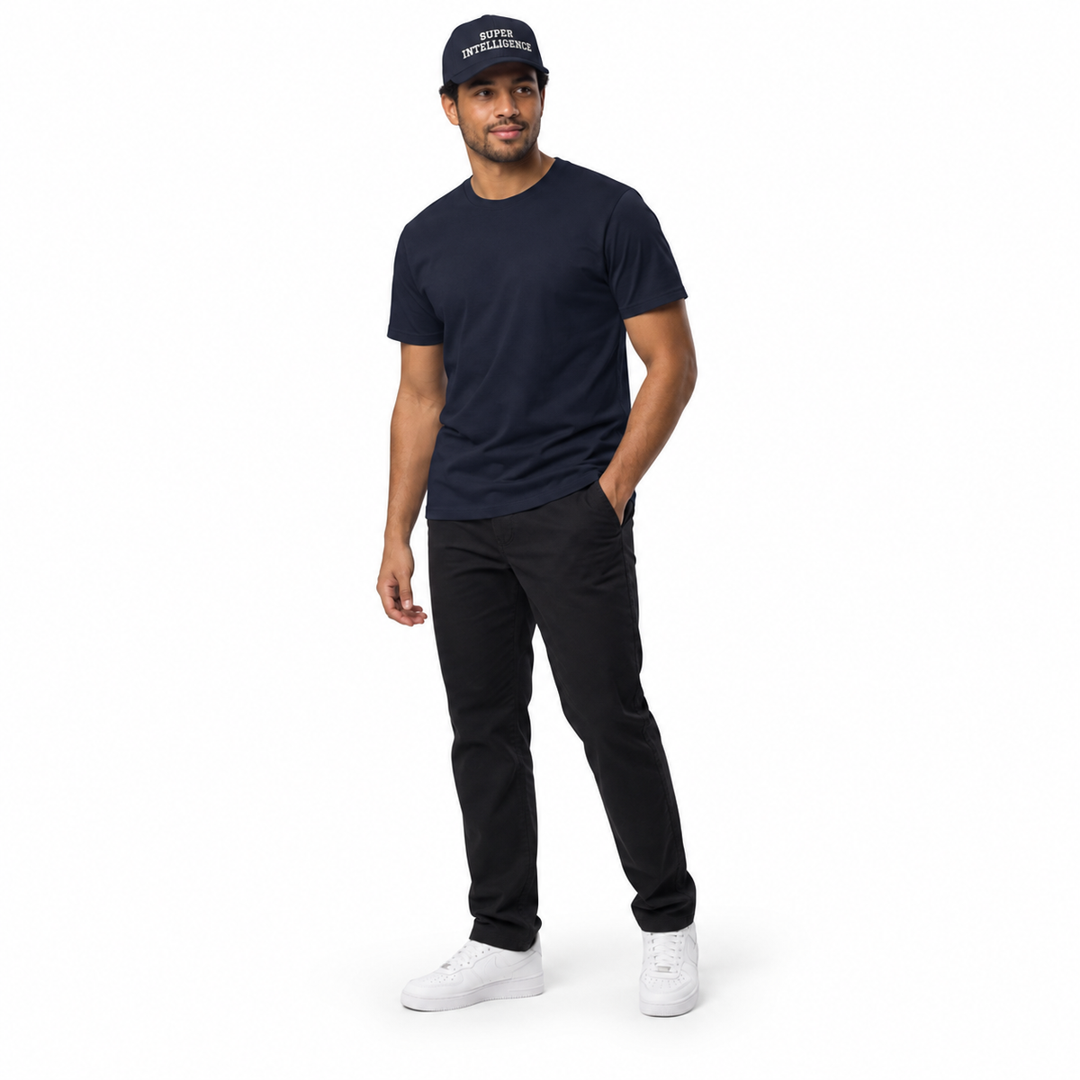 Full-body model wearing the dark navy Super Intelligence cap with a matching dark navy T-shirt, black trousers and white trainers on a plain white background.