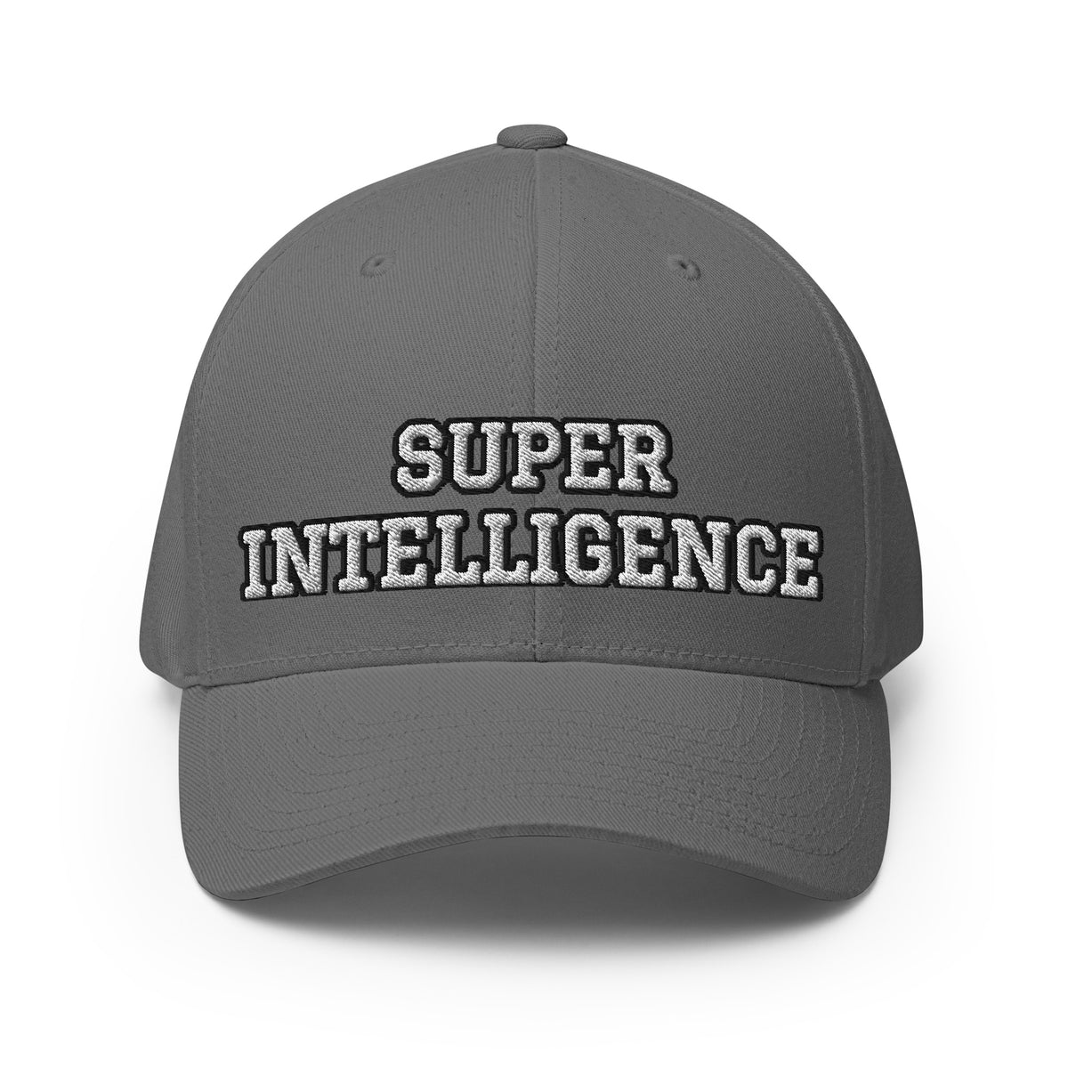 Front view of the grey Super Intelligence cap with two-line lettering, a structured crown and curved visor.