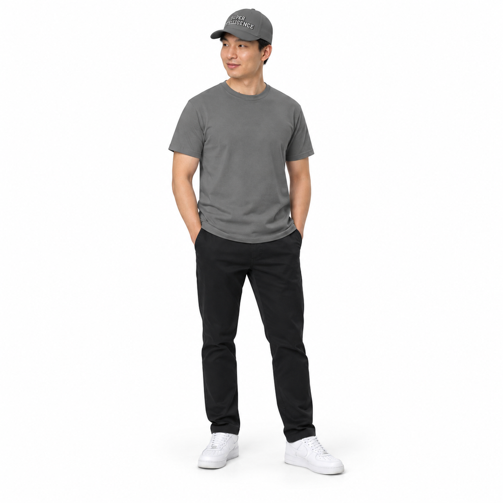 Full-body model wearing the grey Super Intelligence cap with a matching grey T-shirt, black trousers and white trainers on a plain white background.
