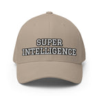 Front view of the khaki Super Intelligence cap with two-line lettering, a structured crown and curved visor.