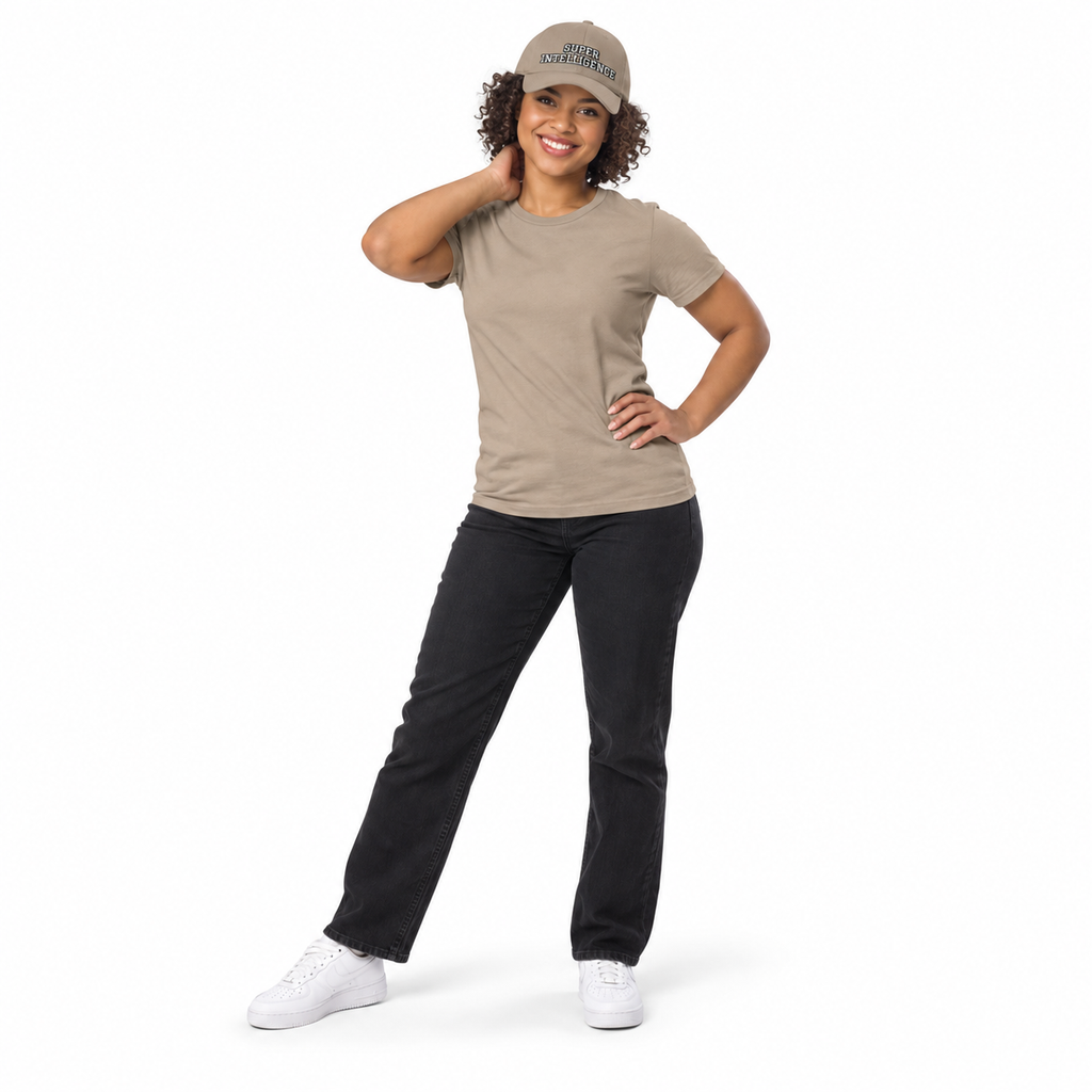 Full-body model wearing the khaki Super Intelligence cap with a matching khaki T-shirt, black trousers and white trainers on a plain white background.