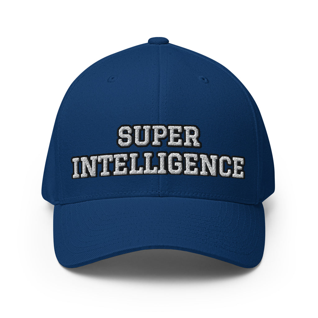 Front view of the royal blue Super Intelligence cap with two-line lettering, a structured crown and curved visor.