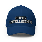 Front view of the royal blue Super Intelligence cap with two-line lettering, a structured crown and curved visor.
