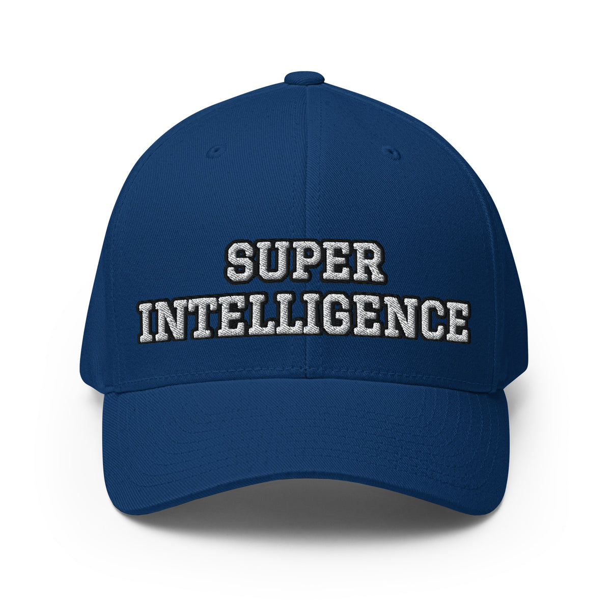 Front view of the royal blue Super Intelligence cap with two-line lettering, a structured crown and curved visor.