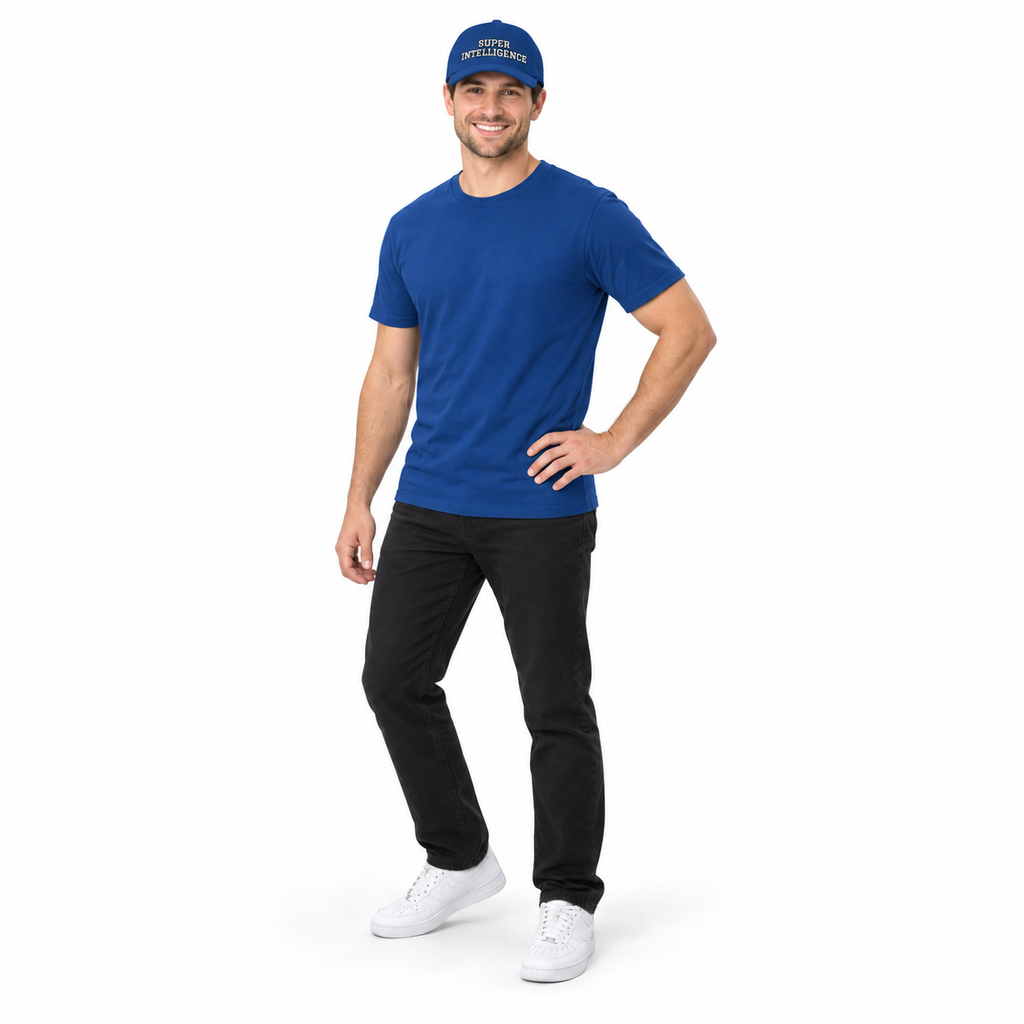 Full-body model wearing the royal blue Super Intelligence cap with a matching royal blue T-shirt, black trousers and white trainers on a plain white background.