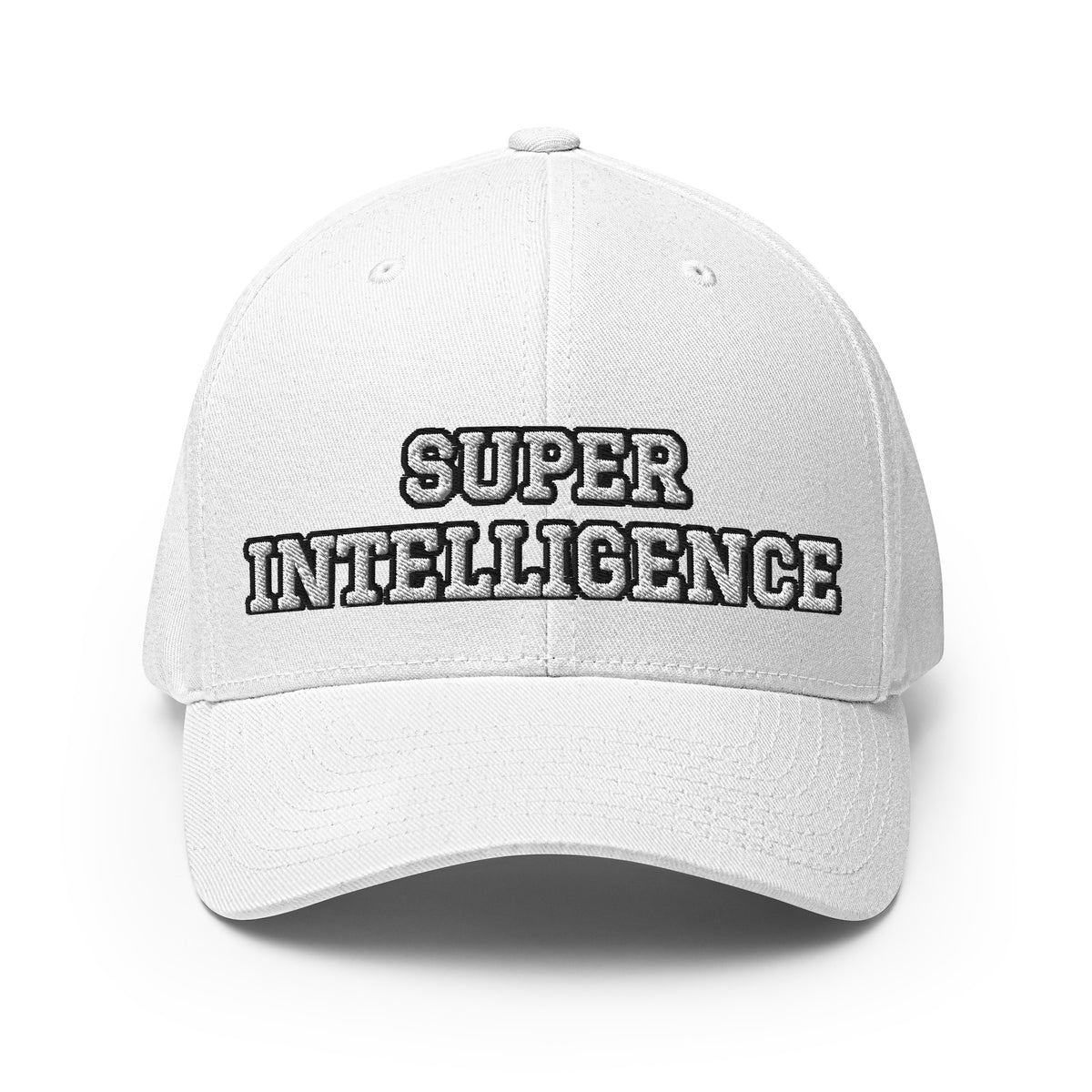 Front view of the white Super Intelligence cap with two-line lettering, a structured crown and curved visor.