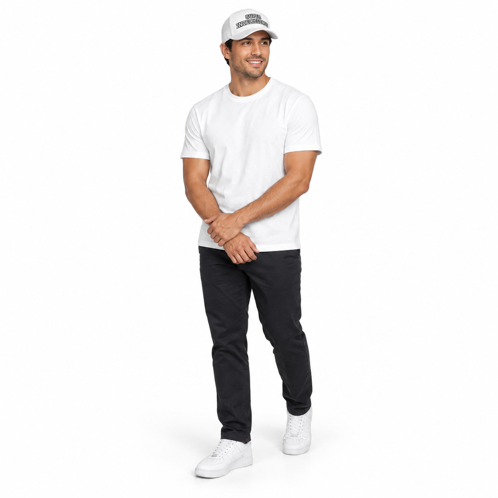 Full-body model wearing the white Super Intelligence cap with a matching white T-shirt, black trousers and white trainers on a plain white background.