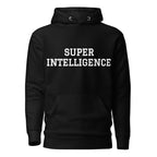 Front view of the black Super Intelligence hoodie with a two-line chest graphic, matching drawstrings and a pouch pocket.
