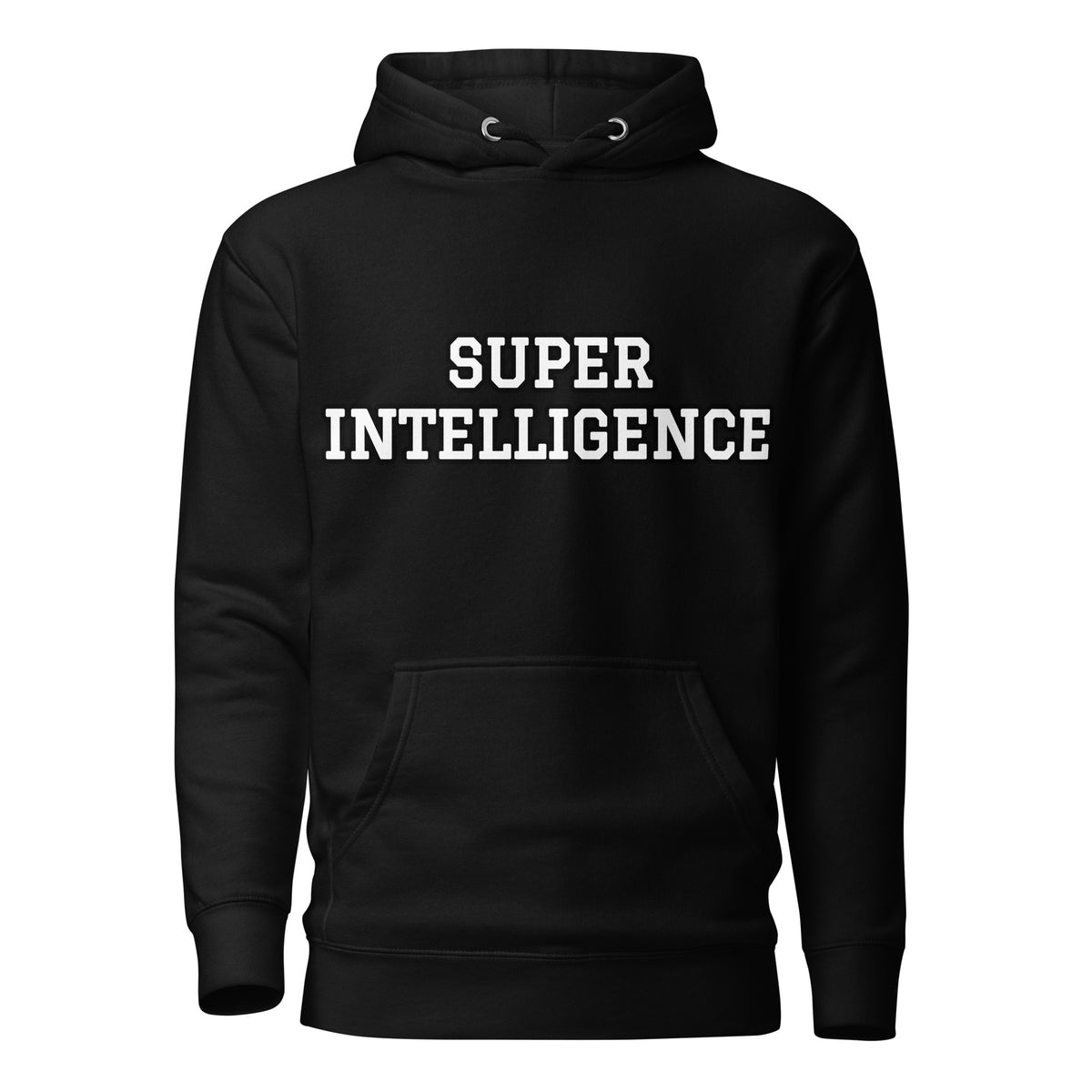 Front view of the black Super Intelligence hoodie with a two-line chest graphic, matching drawstrings and a pouch pocket.