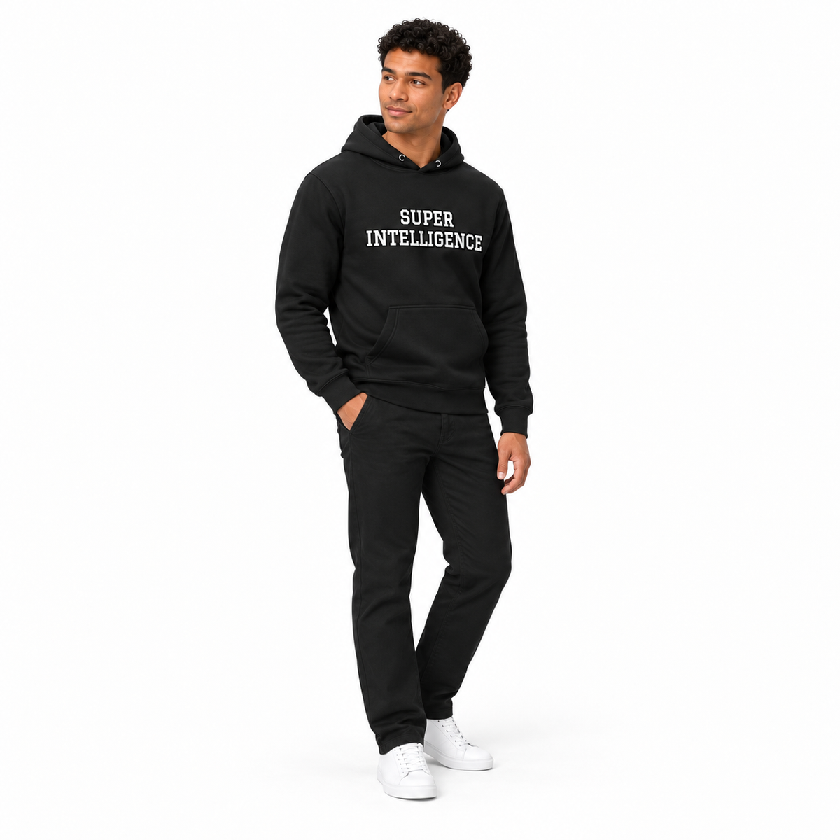 Full-body model wearing the black Super Intelligence hoodie with the front graphic visible, standing at an angle and looking aside on a plain white background.