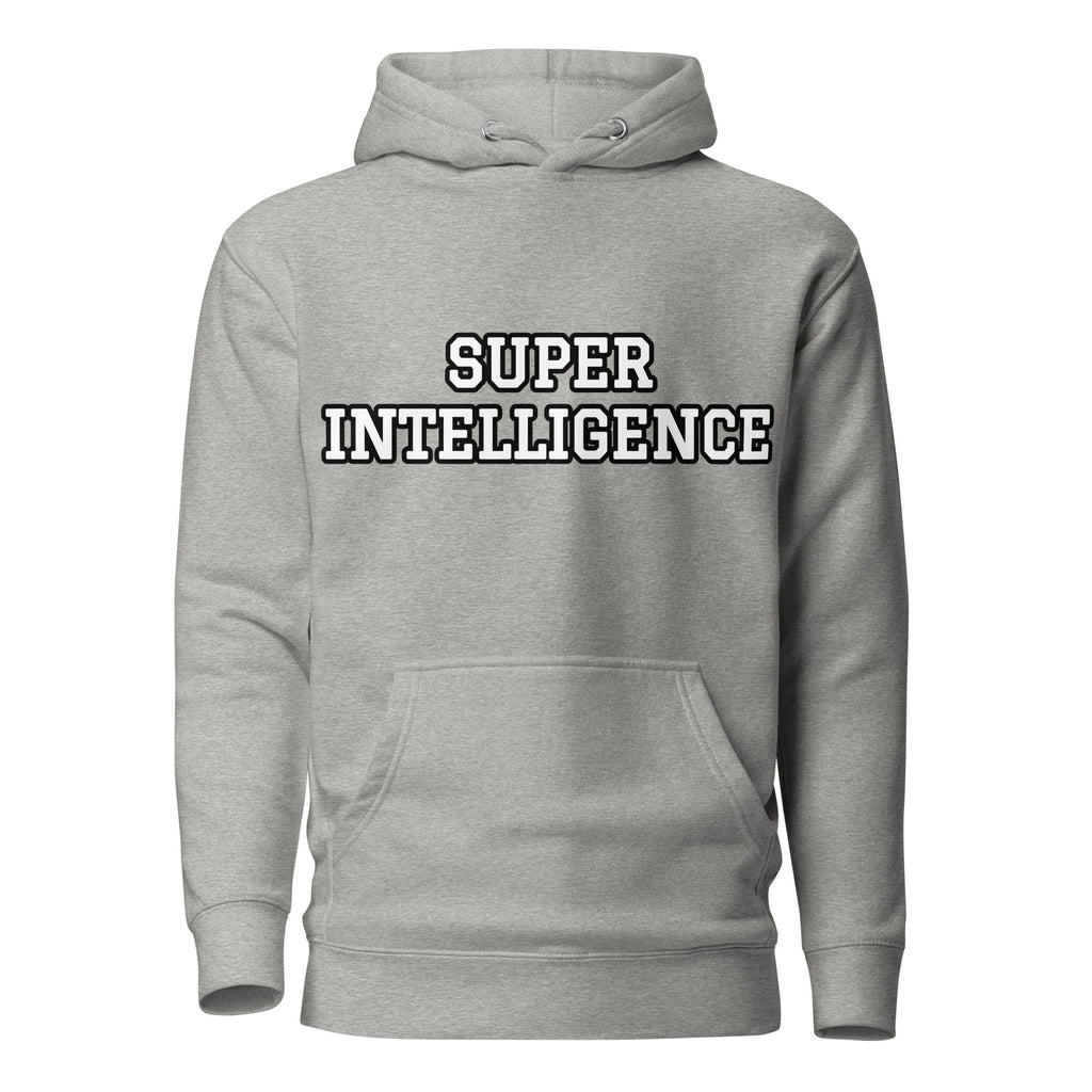 Front view of the carbon grey Super Intelligence hoodie with a two-line chest graphic, matching drawstrings and a pouch pocket.
