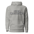 Front view of the carbon grey Super Intelligence hoodie with a two-line chest graphic, matching drawstrings and a pouch pocket.