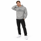 Full-body model wearing the carbon grey Super Intelligence hoodie with the front graphic visible, posing with one hand behind the neck on a plain white background.