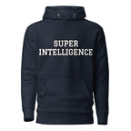 Front view of the navy blazer Super Intelligence hoodie with a two-line chest graphic, matching drawstrings and a pouch pocket.
