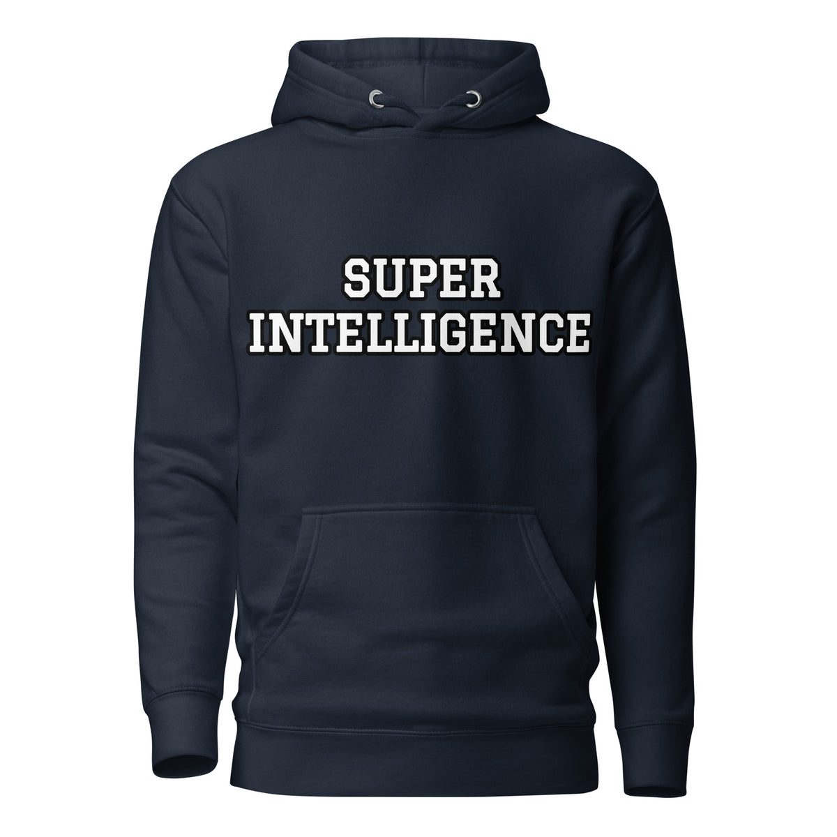 Front view of the navy blazer Super Intelligence hoodie with a two-line chest graphic, matching drawstrings and a pouch pocket.