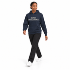 Full-body model wearing the navy blazer Super Intelligence hoodie with the front graphic visible, walking with a natural arm swing on a plain white background.