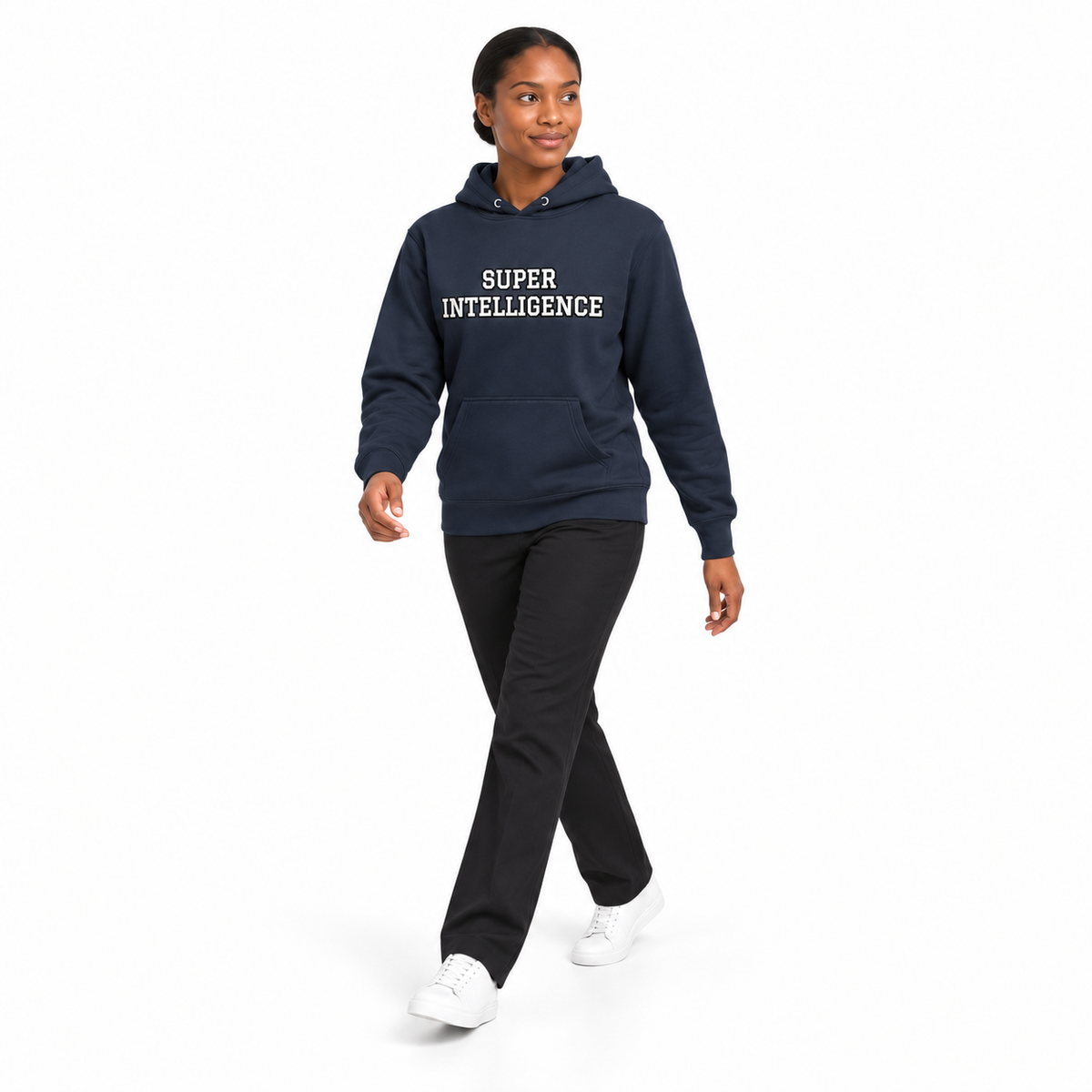 Full-body model wearing the navy blazer Super Intelligence hoodie with the front graphic visible, walking with a natural arm swing on a plain white background.