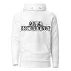 Front view of the white Super Intelligence hoodie with a two-line chest graphic, matching drawstrings and a pouch pocket.
