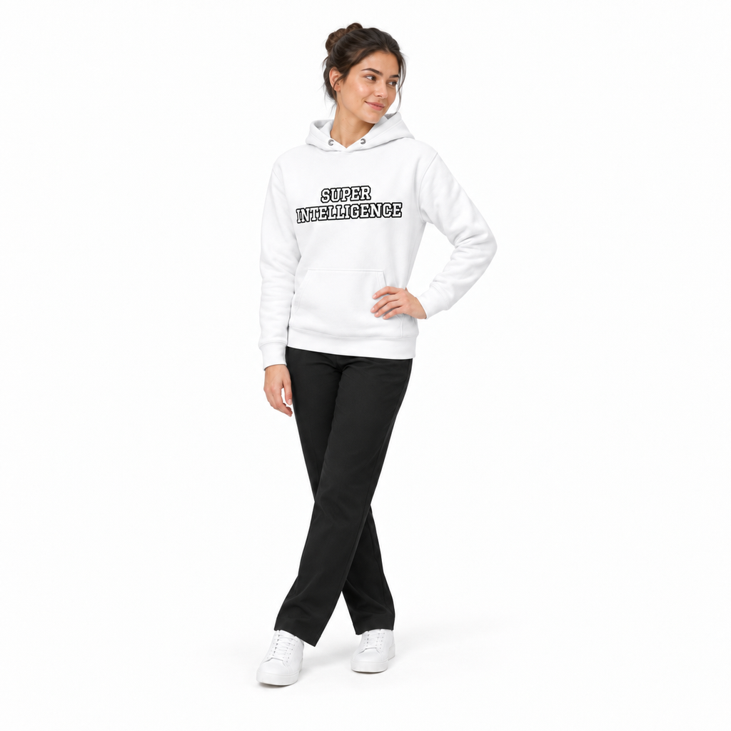 Full-body model wearing the white Super Intelligence hoodie with the front graphic visible, standing with one hand on the hip and ankles crossed on a plain white background.