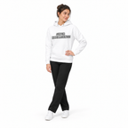 Full-body model wearing the white Super Intelligence hoodie with the front graphic visible, standing with one hand on the hip and ankles crossed on a plain white background.