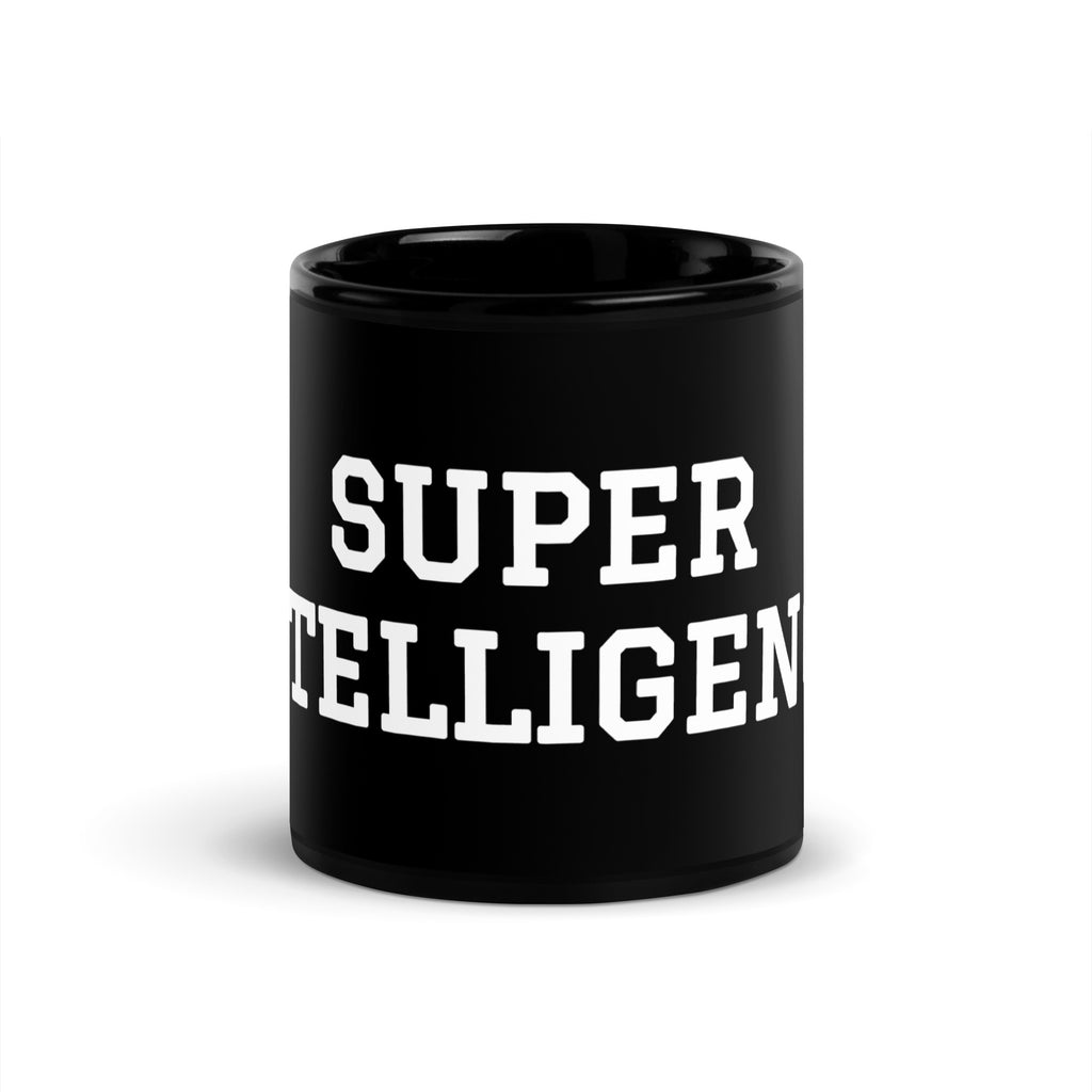 Front view of the black 11 oz Super Intelligence ceramic mug with bold white two-line lettering and a glossy finish.
